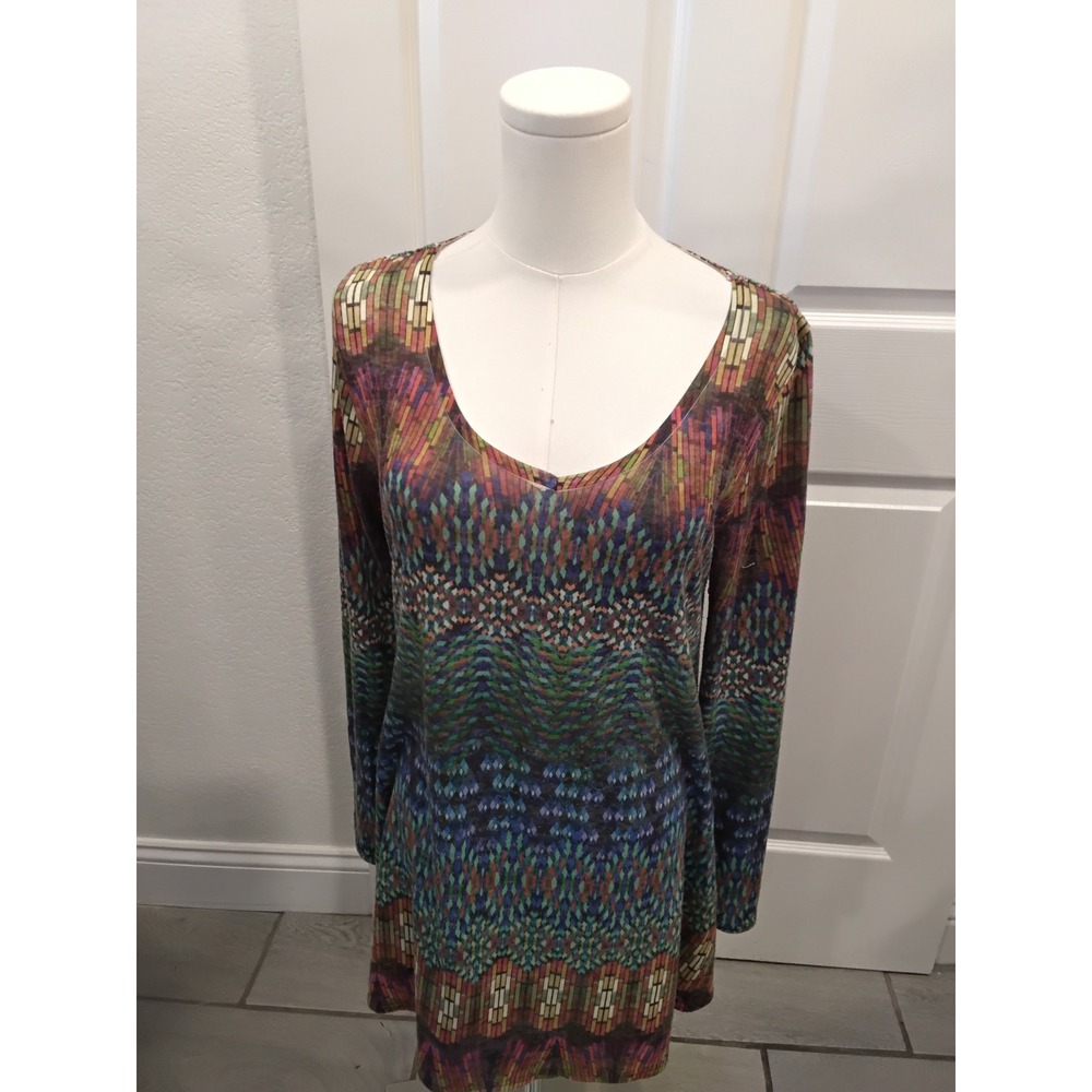 Amma Made in LA Womens Medium Multi Color Geometric Print Long Sleeve Tunic Top